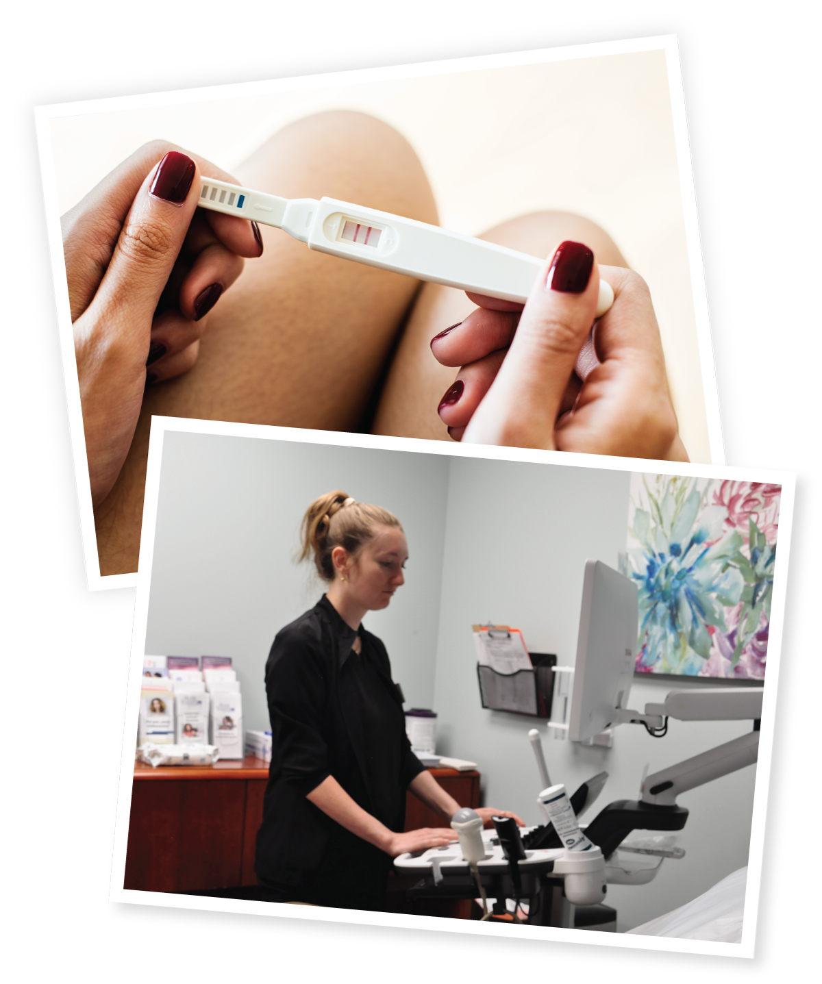 woman holding pregnancy test and nurse performing ultrasound